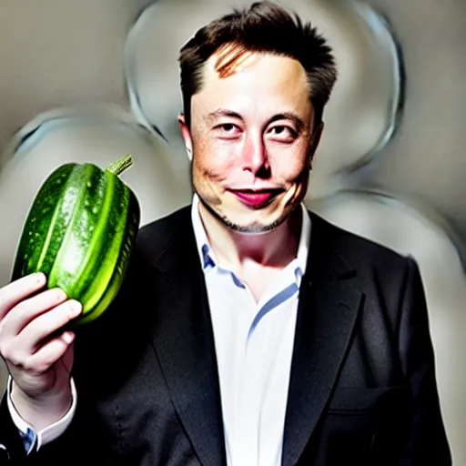 Prompt: a full portrait of elon musk, he presents a cucumber to his employees, f / 2 2, 3 5 mm, 2 7 0 0 k, lighting, perfect faces, award winning photography.