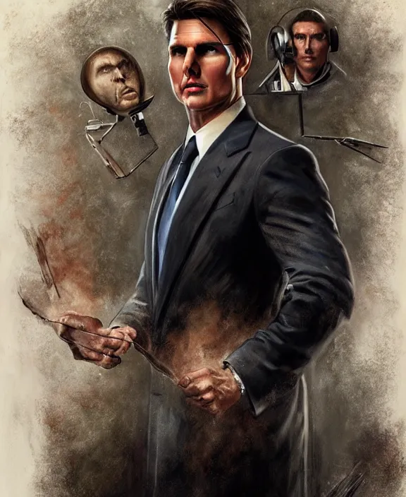 Image similar to portrait of tom cruise as a psychopathic lawyer for the church of scientology, art by denys tsiperko and bogdan rezunenko and tom bagshaw, hyperrealism