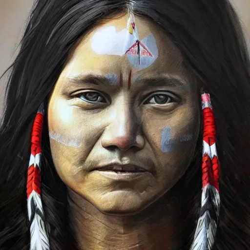 Image similar to painting, native american portrait on tshirt, artstation, detailed