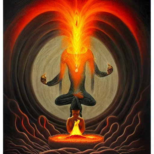 Image similar to a demon meditating near a zen garden with a lava waterfall in hell and opening a portal to heaven by amanda sage and anton semenov, oil on canvas 8k, dramatic lighting