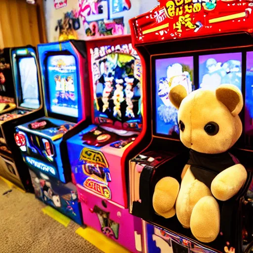 Prompt: a lot of arcade machines being played by really cute stuffed animals inside of a japanese arcade