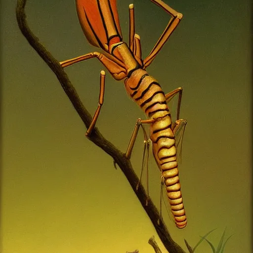 Prompt: antropromorphic stick insect, fantasy concept art, painting by Martin Johnson Heade