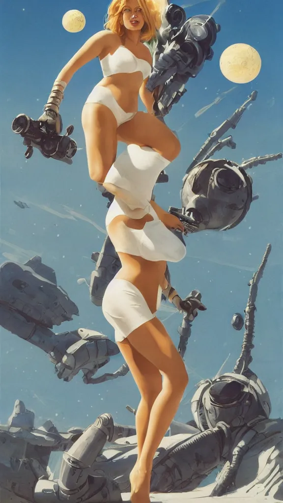 Image similar to A mixed media portrait painting of a beautiful blonde brunette woman exploring an alien planet, very curvy, aesthetic! high-waisted white-bikini-armor and boots, holding raygun, aesthetic symmetrical face and eyes, model, Scandinavian, wet, discarded mechsuit in background, by Frank Frazetta, Boris Vallejo, Beeple, Greg Rutkowski, Christian MacNevin, eighties-pinup style, epic fantasy character art, high fantasy, CGsociety, exquisite detail, post-processing, masterpiece, cinematic