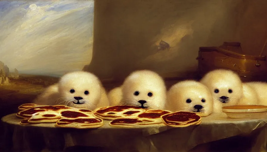 Image similar to highly detailed painting of cute furry white baby seals in a pile of jam pancakes on a table by william turner, by greg rutkowski, by william constable, thick brush strokes and visible paint layers, 4 k resolution