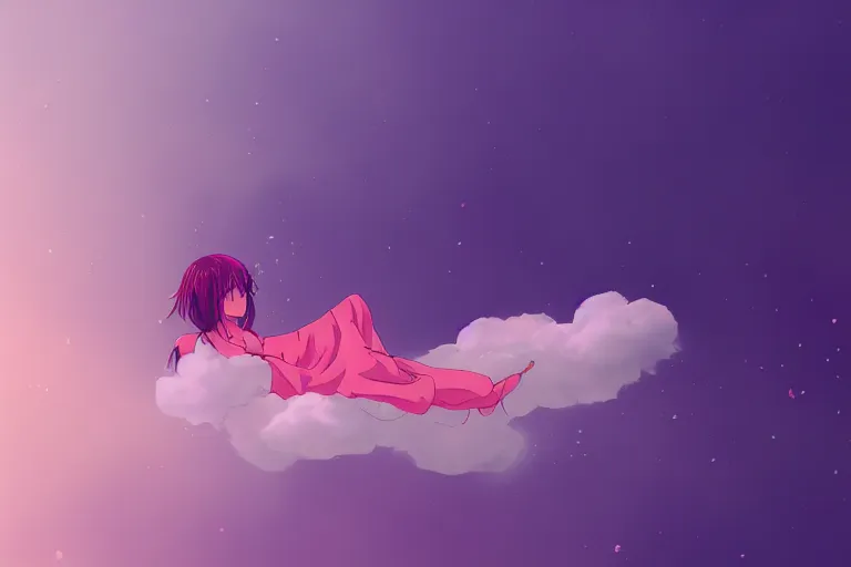 Image similar to a cute anime girl sleeping on a cloud, misty, glows, digital art, hazy, foggy, ambient lighting, 8 k, neon, synthwave,