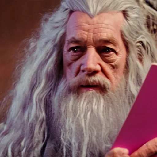 Image similar to portrait of gandalf, wearing a large pink velvet hair bow, holding a blank playing card up to the camera, movie still from the lord of the rings