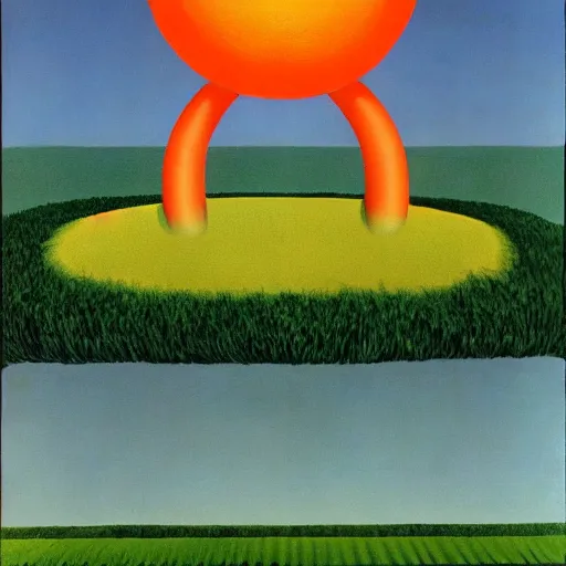 Prompt: green plains with an orange Oblivion portal, surrealist painting by Rene Magritte
