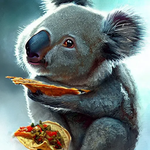 Image similar to Koala eating tacos, highly detailed, fantasy art, in the style of greg rutkowski, illustration, epic, fantasy, intricate, hyper detailed, artstation, concept art, smooth, sharp focus, ray tracing