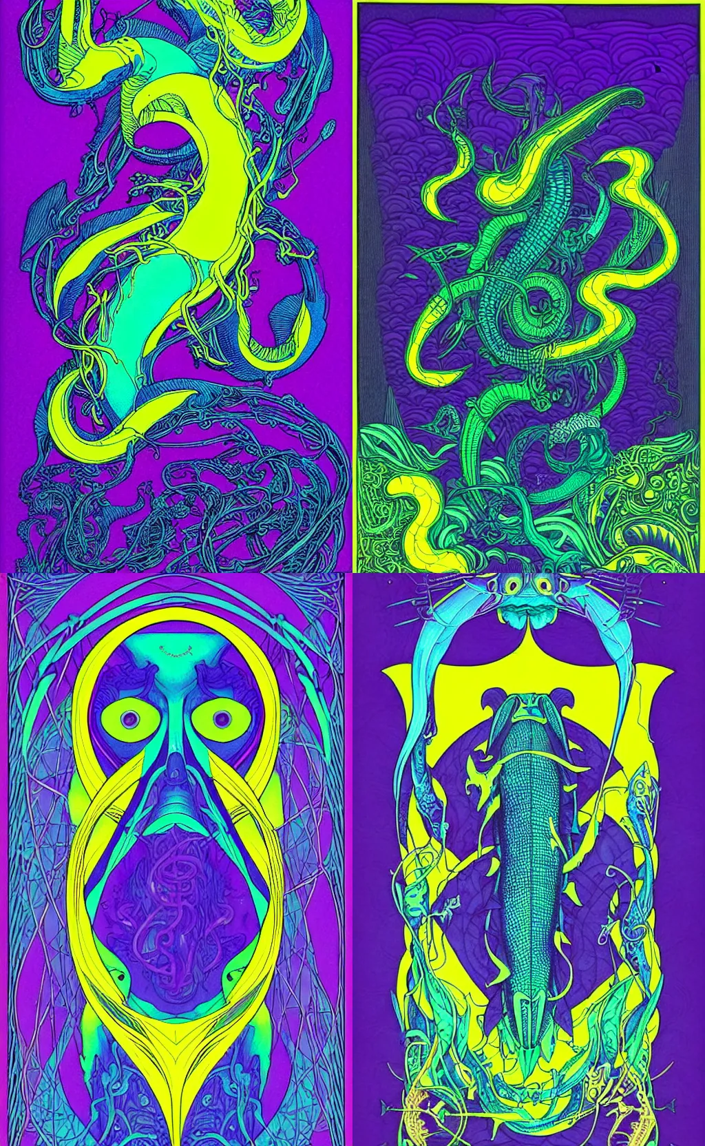 Prompt: Neon purple, blue, green, yellow leviathan in the ocean:: deep sea ocean depths:: cardstock:: detailed linework symmetrical, geometrical shapes, black paper, ornate, symmetrical mirror imagine, tarot card, tarot card border:: ink illustration:: style of peter mohrbacher and Yoshitaka Amano, art nouveau, Joshua Middleton