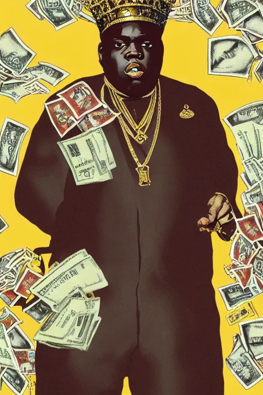 Prompt: portrait of biggie smalls with kings crown and royal outfit, royal background, piles of money, modern, eclectic, illustration, by ramon casas