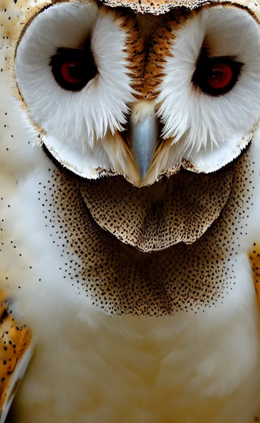 Prompt: a barn owl with a metal mask covering half of its face