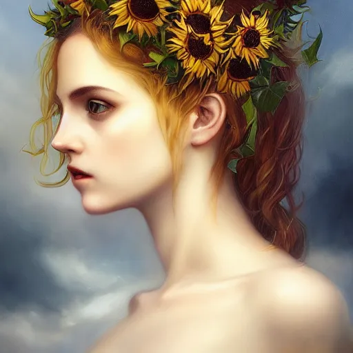 Prompt: sunflower goddess of summer character portrait, in the style of charlie bowater, tom bagshaw, and waterhouse, lean face, cinematic lighting, beautiful, elegant, oil painting, cinematic, portrait, raphaelite, headroom, headshot photograph