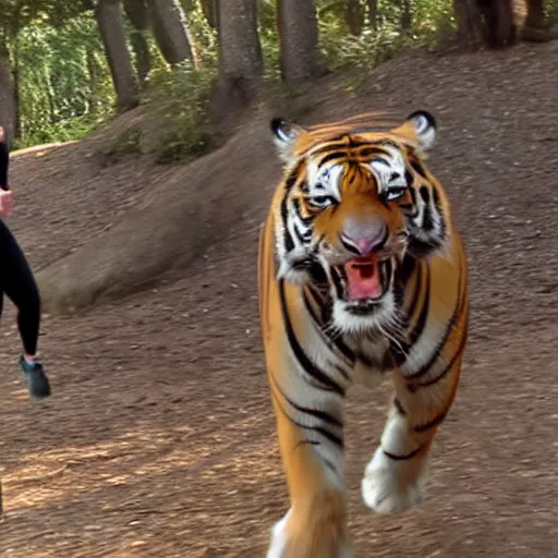 Image similar to screenshot of go pro footage from front view emma watson running in front of tiger over shoulder tiger behind emma