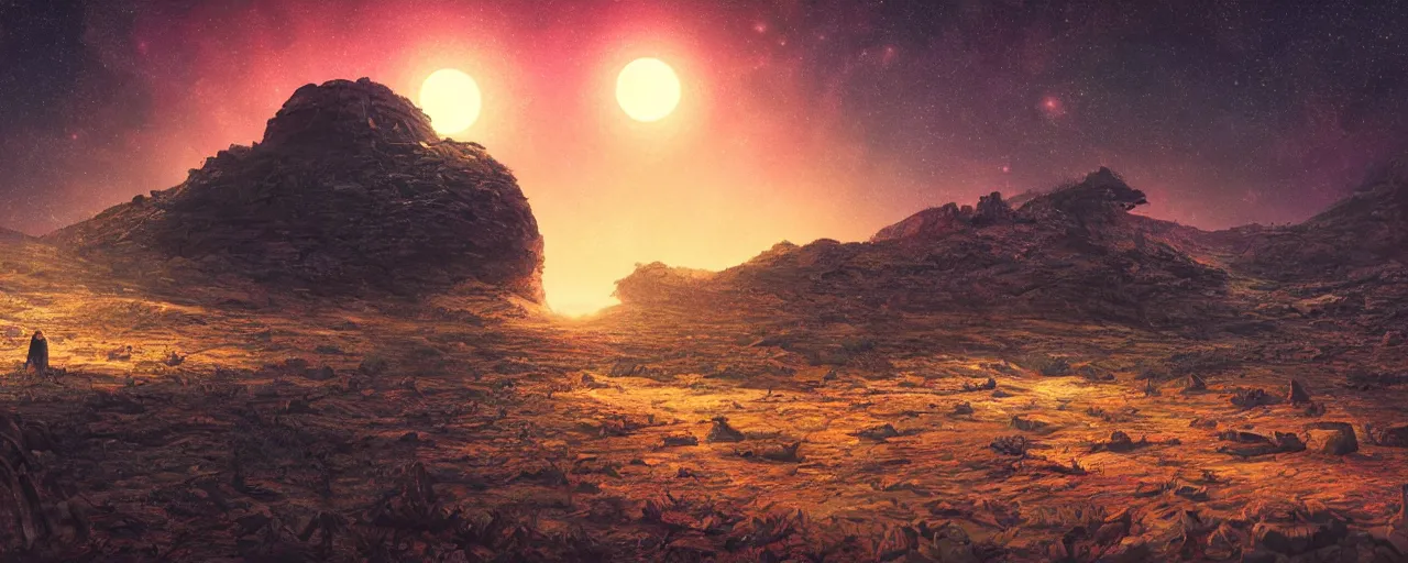 Image similar to ” barren landscape at night, [ cosmic, cinematic, detailed, epic, widescreen, opening, establishing, mattepainting, photorealistic, realistic textures, octane render, art by slop and paul lehr ] ”