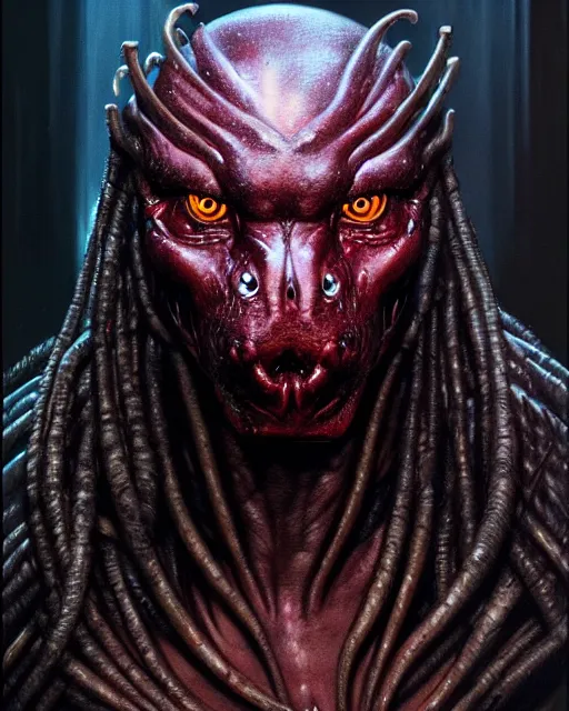 Image similar to a portrait of the predator fantasy character portrait, ultra realistic, cinematic, concept art, wide angle, intricate details, hologram, highly detailed by wayne barlowe,
