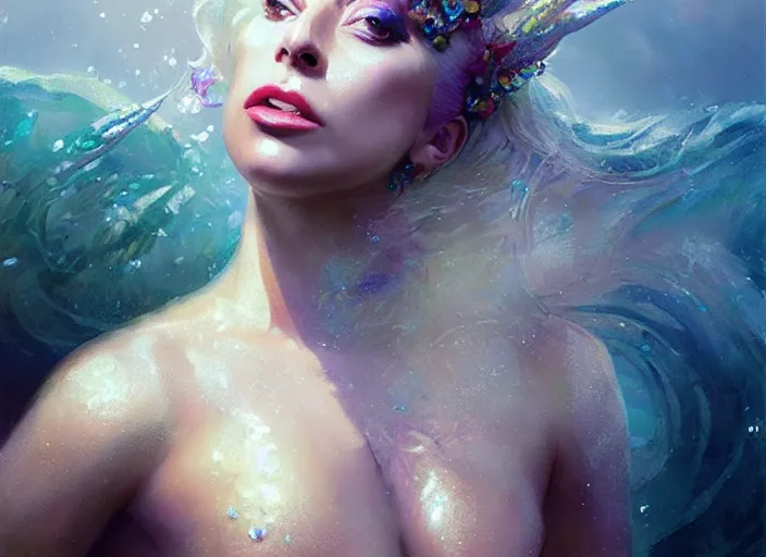 Image similar to lady gaga as a mermaid, intricate, sharp focus, lens flare, bloom, illustration, highly detailed, digital painting, concept art, matte, art by ruan jia and wlop and greg rutkowski