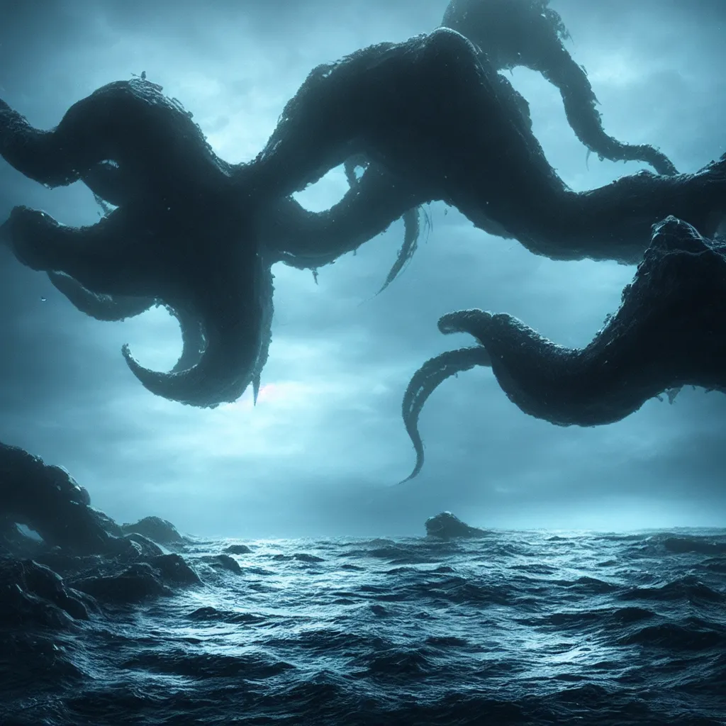Prompt: a lovecraftian monster emerges out of the ocean, waves and volumetric lighting, heavy rain, atmospheric, high resolution, rendering, octane, redshift