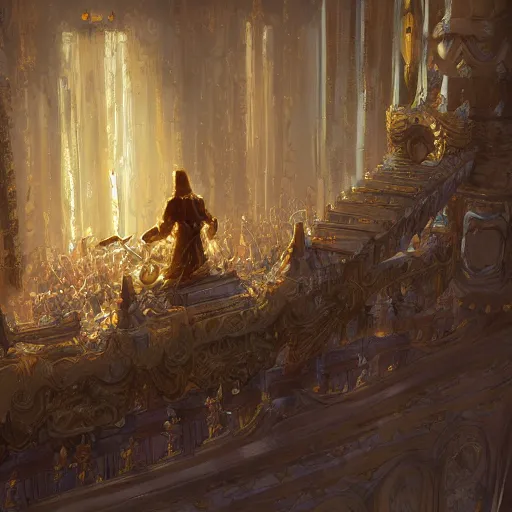 Prompt: A young king in golden clothes making a speech from a balcony, fantasy, highly detailed, digital painting, artstation, concept art, illustration, art by Bayard Wu and Marc Simonetti