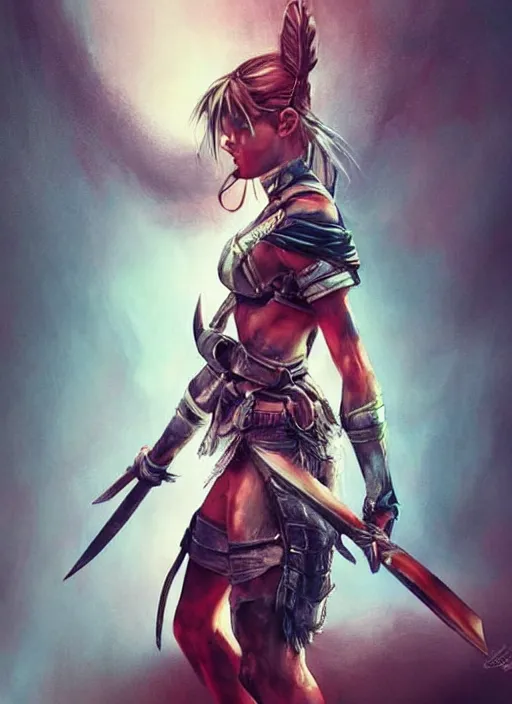 Image similar to hyper realistic photography, warrior girl with sword in her hand, full body, rule of thirds, human proportion, good anatomy, beautiful face, conceptart, saturated colors, cinematic, artstation, pinterest, cgsociety