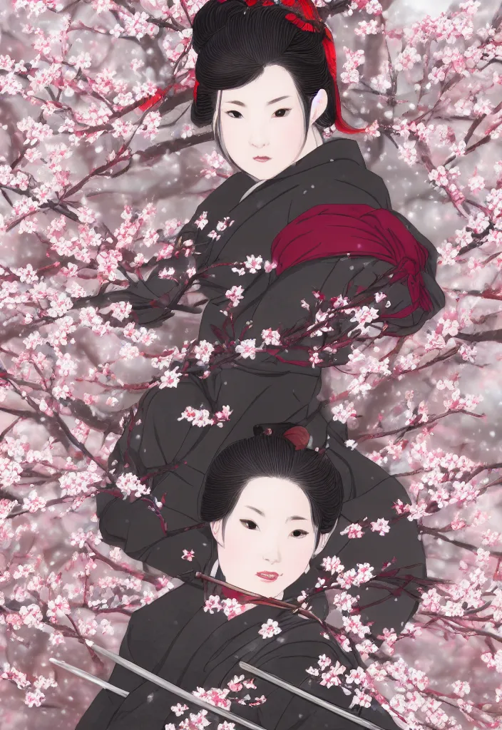 Image similar to detailed portrait of girl samurai in hakama with swords and rifles, in snow forest sakura cherry blossom, taisho roman, trending on artstation, elite, elegant, luxury, perfect face, fine details, realistic shaded, fine - face, pretty face