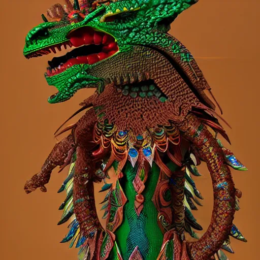 Image similar to a quetzalcoatl, trending on artstation, highly detailed, 8k, beautiful, dynamic lighting, detailed face, ornate armor, crochet skin