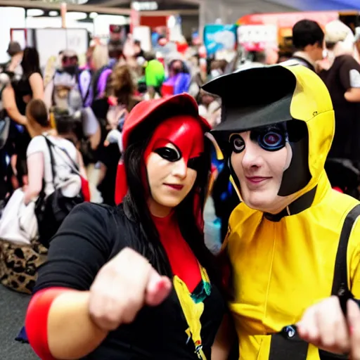 Prompt: selfie photo at comic con of a cosplayer