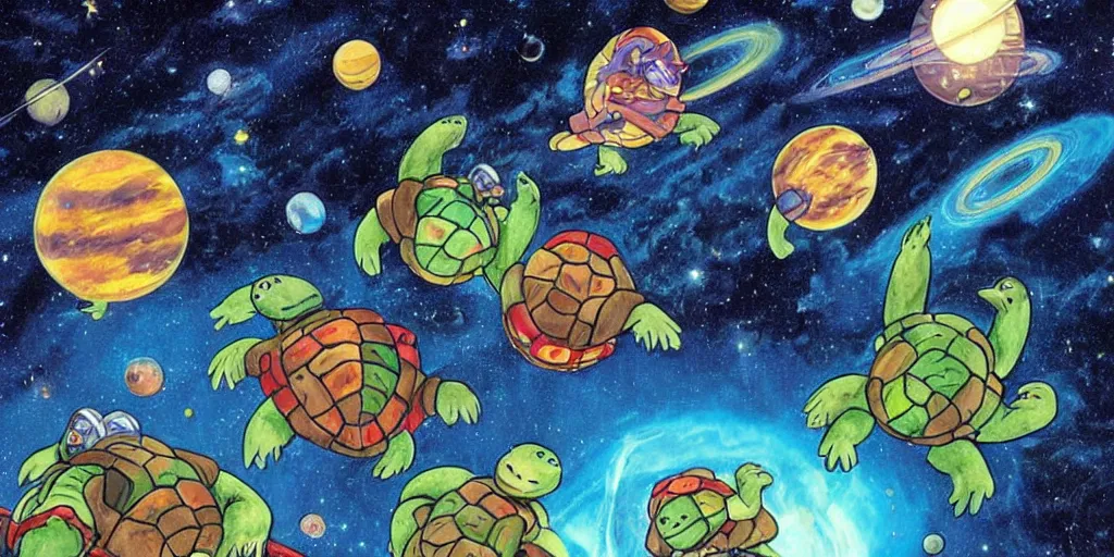 Prompt: 🐢🗺 great a'tuin flying through space carrying discworld by kirby