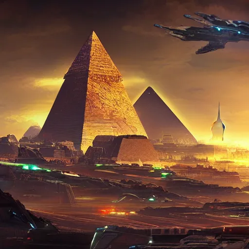 Prompt: a scene of the beautiful intricate epic futuristic cyber sphinx with floating cyber ships shaped as pyramids in the background, hyper detailed, cinematic lighting