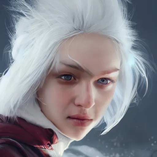 Image similar to a white haired girl wearing earmuffs with cyborg eyes, digital art, 8 k resolution, unreal engine, highly detailed, pretty face, very beautiful face, very detailed eyes, photorealistic by wlop, greg rutkowski