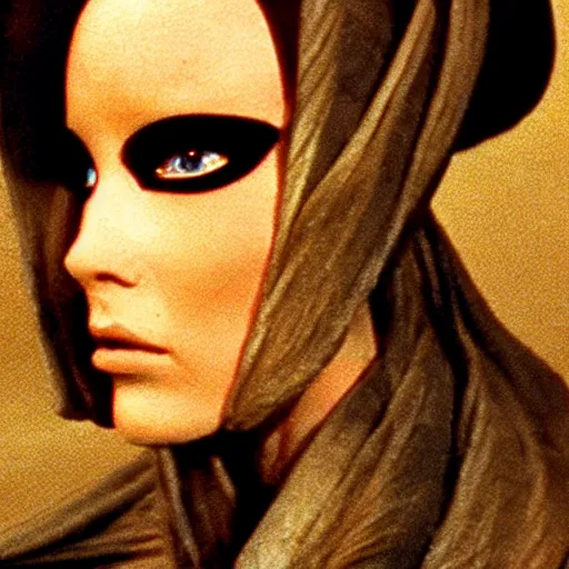 Image similar to close up of avant - garde fashion model, still from movie dune, highly detailed