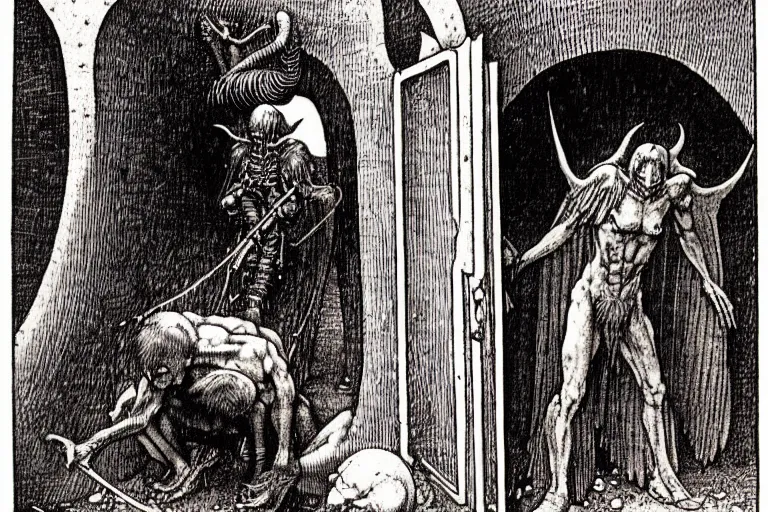 Image similar to fallen angel begs to enter the gates of hell by les edwards and much a and moebius and hieronymus bosch
