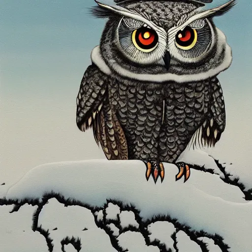 Image similar to a painting of an owl sitting on top of a snowy hill, a surrealist painting by Yoshitaka Amano, behance contest winner, pop surrealism, lovecraftian, ukiyo-e, detailed painting