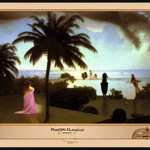 Image similar to Silhouette of two girls at the palace, thunderstorm, greek pool, beach and palm trees on the background major arcana sky, by paul delaroche, alphonse mucha and arnold böcklin arnold böcklin hyperrealistic 8k, very detailed