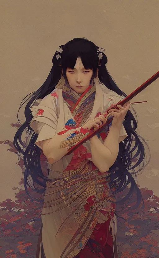 Image similar to personification of japan, highly detailed, digital painting, artstation, concept art, sharp focus, illustration, art by greg rutkowski and alphonse mucha