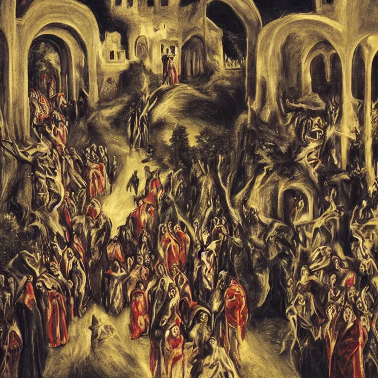 Image similar to A Holy Week procession of souls in a lush Spanish village at night. A figure at the front holds a cross, trending on artstation, highly detailed, 50mm, by El Greco, Remedios Varo y Salvador Dali.