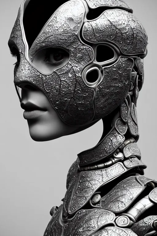 Image similar to monochrome close - up profile face, black background, beautiful young porcelain bio - mechanical vegetal - dragon - cyborg - female, white metallic armour, silver gold details, magnolia leaves and stems, roots, mandelbot fractal, 1 5 0 mm, beautiful natural soft rim light, elegant, hyper real, ultra detailed, octane render, 1 6 k