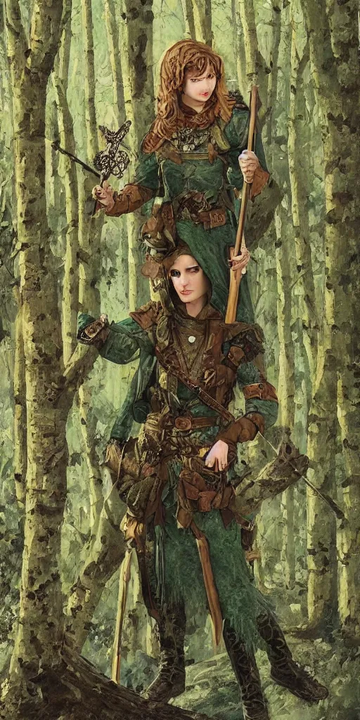 Prompt: a single medieval rpg forest ranger female, masterpiece painting dnd, green camo intricate stitched patterned clothes, vertigo comics styl