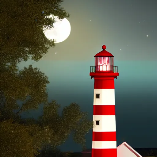 Image similar to A red and white striped lighthouse shining out onto the sea; a white house with a red roof with the lights on inside; thin dark trees behind; nighttime with stars behind; full moon;Octane 8K Rendering,