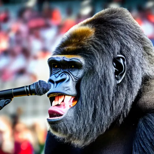 Prompt: a gorilla singing to a large crowd of people at an outdoor stadium concert. highly detailed. 8 5 mm f 1 1 canon eos