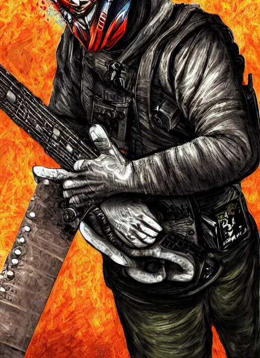 Image similar to stalker from the stalker pc game plays an electric guitar, 8 k, sharp focus, extremly detailed, digital painting, smooth, illustration