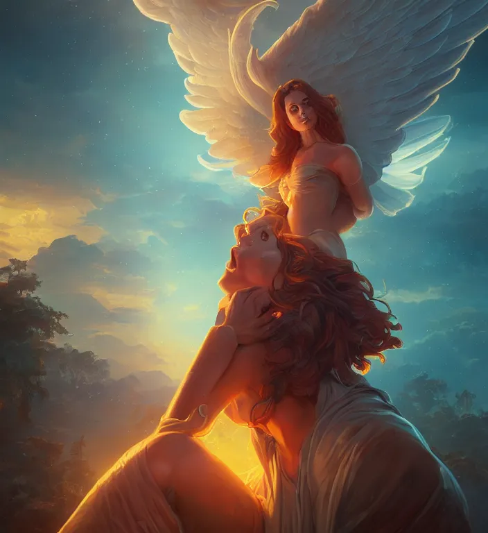 Image similar to centered waist up portrait photography an angel + glowing outlines, bokeh + DOF + 8k, photorealistic + rendered in unreal engine + composition by Peter Mohrbacher + line work by Dan Mumford , ultra realistic + backlit + strong rimlight, sunset + HDRI, HD, Photoreal