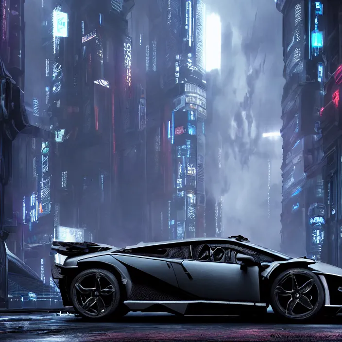 Image similar to dark cyberpunk car lamborgini counatch, in drak style cyberpunk city, by neill blomkamp director film, extreamly detailed, photorealism, photography, raytracing, 8 k, octane render, hyperrealism, perfect composition, art top in artstation, by chris labrooy, rendered in rtx, ssao, fxaa, unreal engine