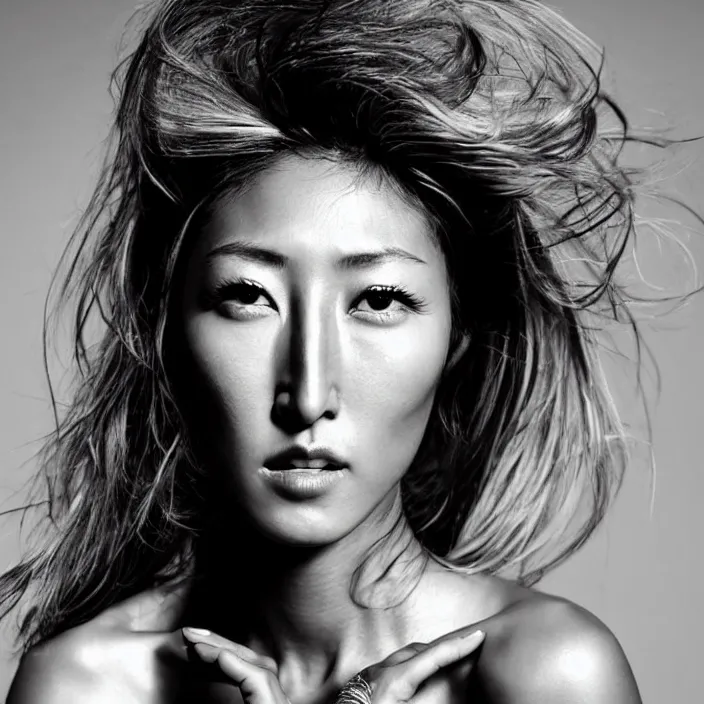 Image similar to young beautiful woman dichen lachman, gorgeous face, black and white photography, high fashion, full - body, 8 k,, ultra sharp focus, art by richard avedon, hellmut newton, victoria siemer, kirsty mitchell, laura zalenga