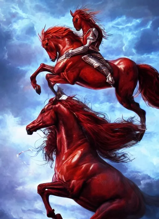Prompt: the first singular horseman of the apocalypse riding a red stallion, horse is up on it's hindlegs, the rider carries a large sword, flames from the ground, artwork by artgerm and rutkowski, breathtaking, dramatic