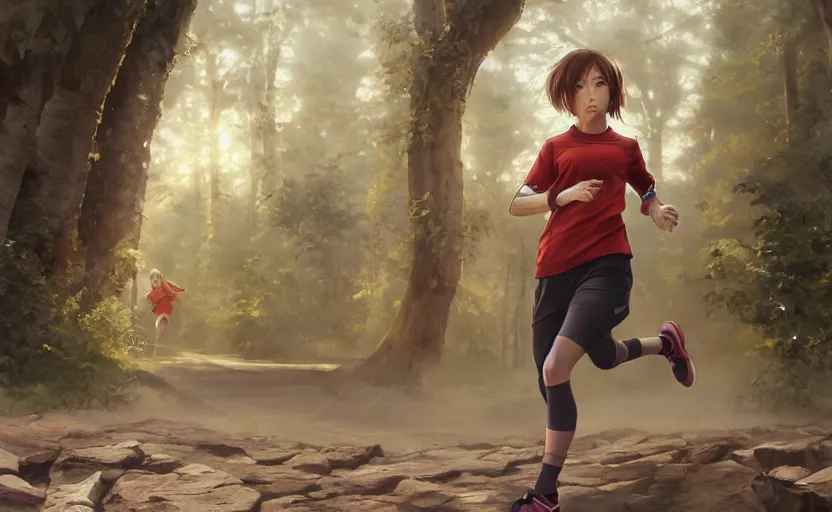 Prompt: a girl is running, red sport clothing, marathon, anime style, real face, brown short hair, hair down, from arknights, hyper realistic, rule of thirds, extreme detail, detailed 4 k drawing, safebooru, realistic lighting, by alphonse mucha, greg rutkowski, backlit