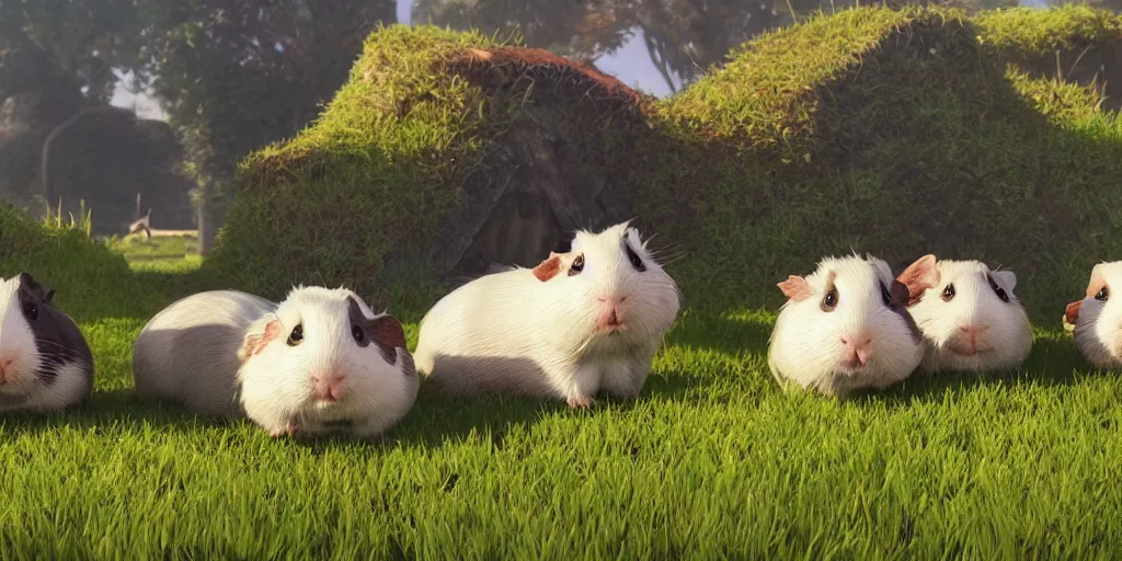 Prompt: a group of smiling guinea pig that are in the grass in front of fairy village, concept art by senior environment artist, cgsociety, furry art, greg rutkowski, artstation hq, playstation 5 screenshot