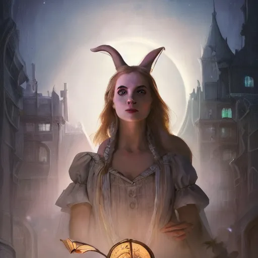 Prompt: closeup portrait of alice in wonderland, dramatic lighting, city background, night, moon, chiaroscuro, high detail, painted by greg rutkowski, painted by igor kieryluk, painted by bobby chiu, trending on artstation