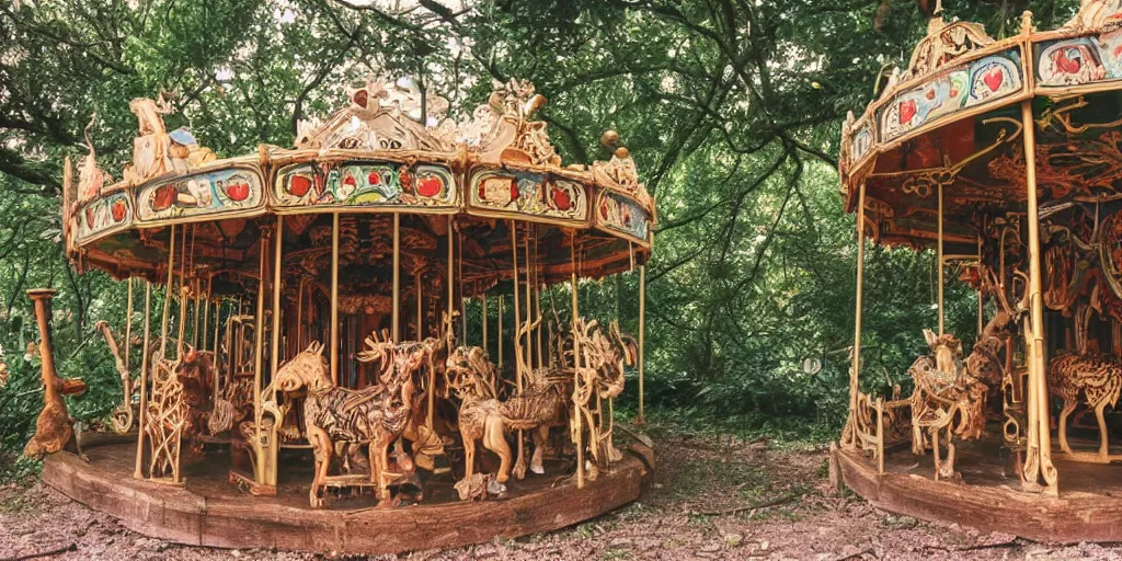 Prompt: an abandoned overgrown carousel with elaborately intricate carved wooden figures of animals, beachwood treehouse, discovered in a secret garden, hedgemaze, photo taken on fujifilm superia