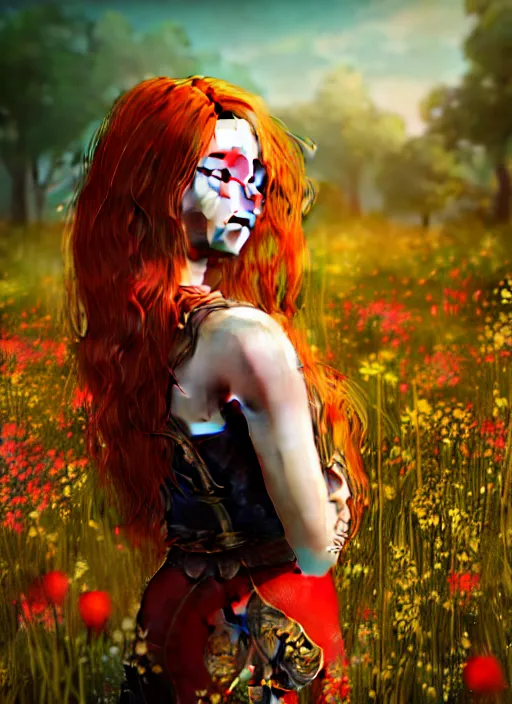 Image similar to An epic fantasy comic book style portrait painting of a young red headed girl with a golden bee tattoo on her shoulder in a field of flowers , unreal 5, DAZ, hyperrealistic, octane render, cosplay, RPG portrait, dynamic lighting