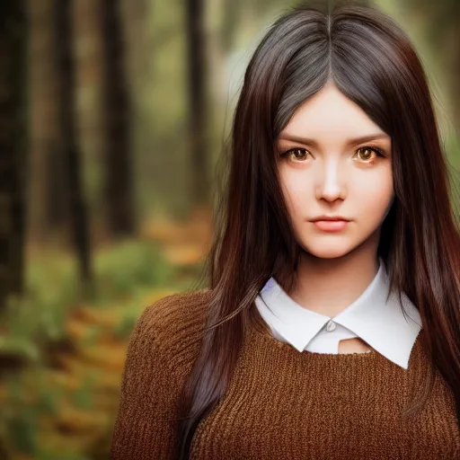 Image similar to real life photo of a beautiful girl, full body photoshoot, long black hair, brown eyes, full round face, short smile, brown sweater, forest setting, cinematic lightning, medium shot, mid - shot, highly detailed, trending on artstation, unreal engine 4 k, 8 0 mm, 8 5 mm, cinematic wallpaper